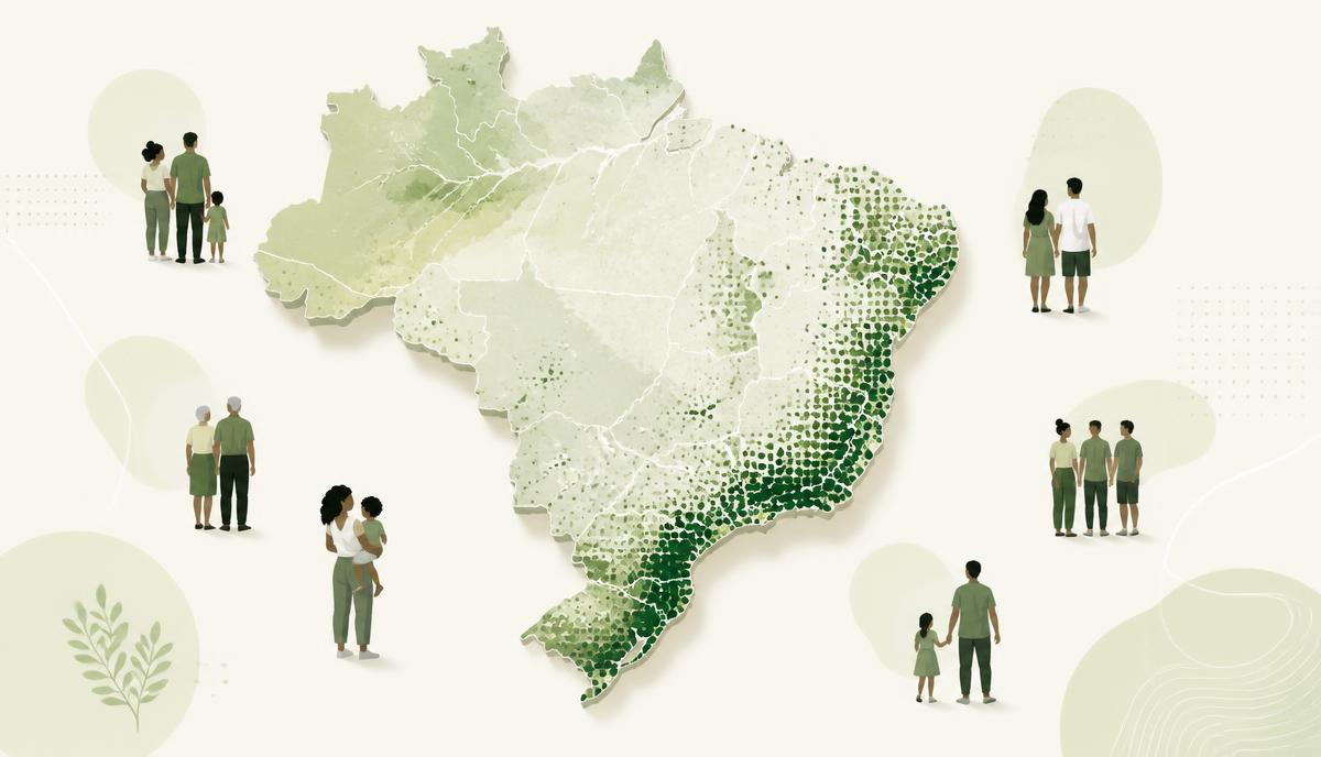 Ilustração editorial do mapa do Brasil com famílias e acesso à saúde