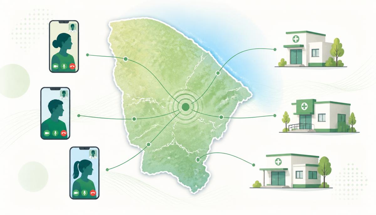 Ilustração editorial do mapa do Ceará conectado a celulares e unidades de saúde